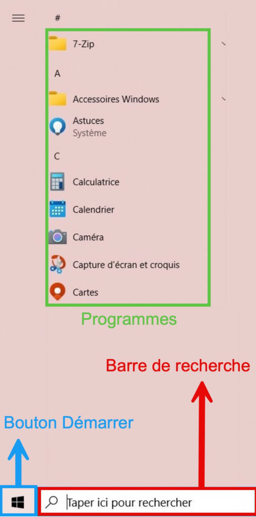 Le menu Démarrer qui affiche les programmes 