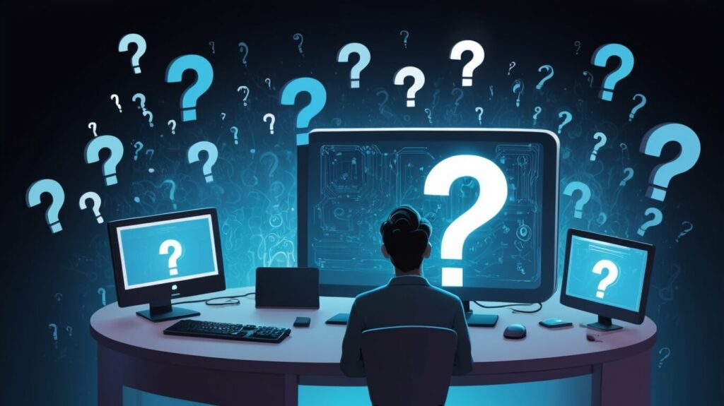 Un geek devant son pc et des questions